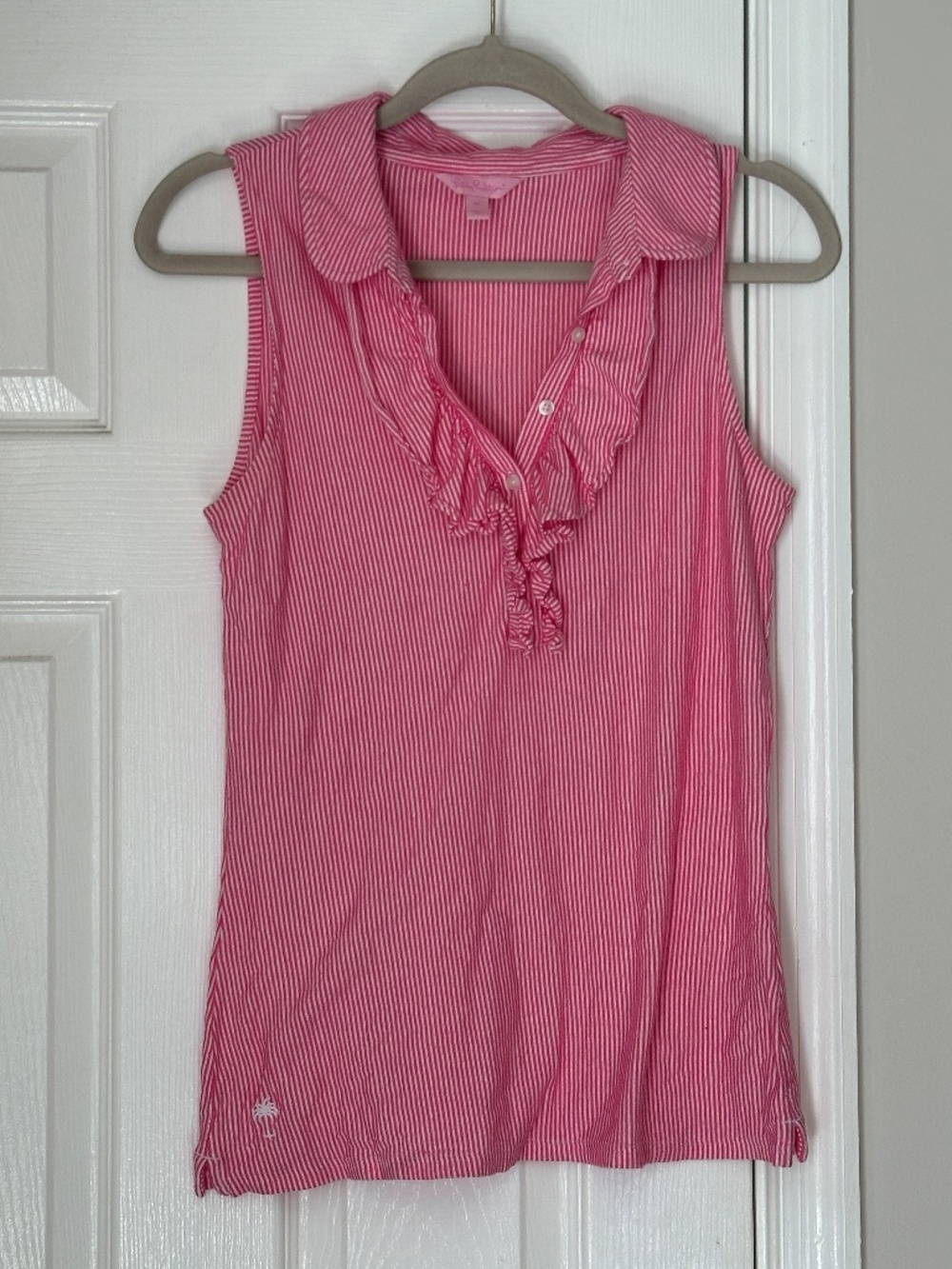 Lilly Pulitzer Vintage Sleeveless Polo Golf Striped Pink White Ruffle Medium